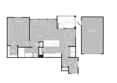 Floor plan for 1 bed, 1 bath, 823 sqft